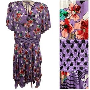 Diane Freis Floral Purple Sequined‎ Dancer Dress Georgette Asymmetrical Vintage
